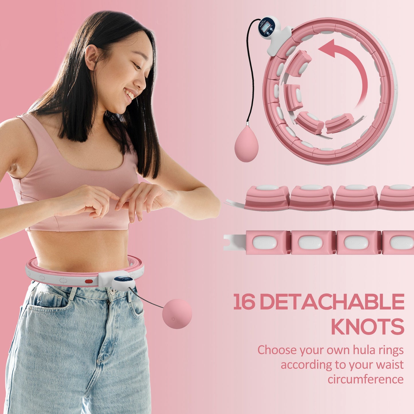 SPORTNOW Smart Weighted Hula Hoop, Massage Hula Ring W/ 16 Detachable Knots, 360° Auto-Rotating Ball, Digital Counter, Pink