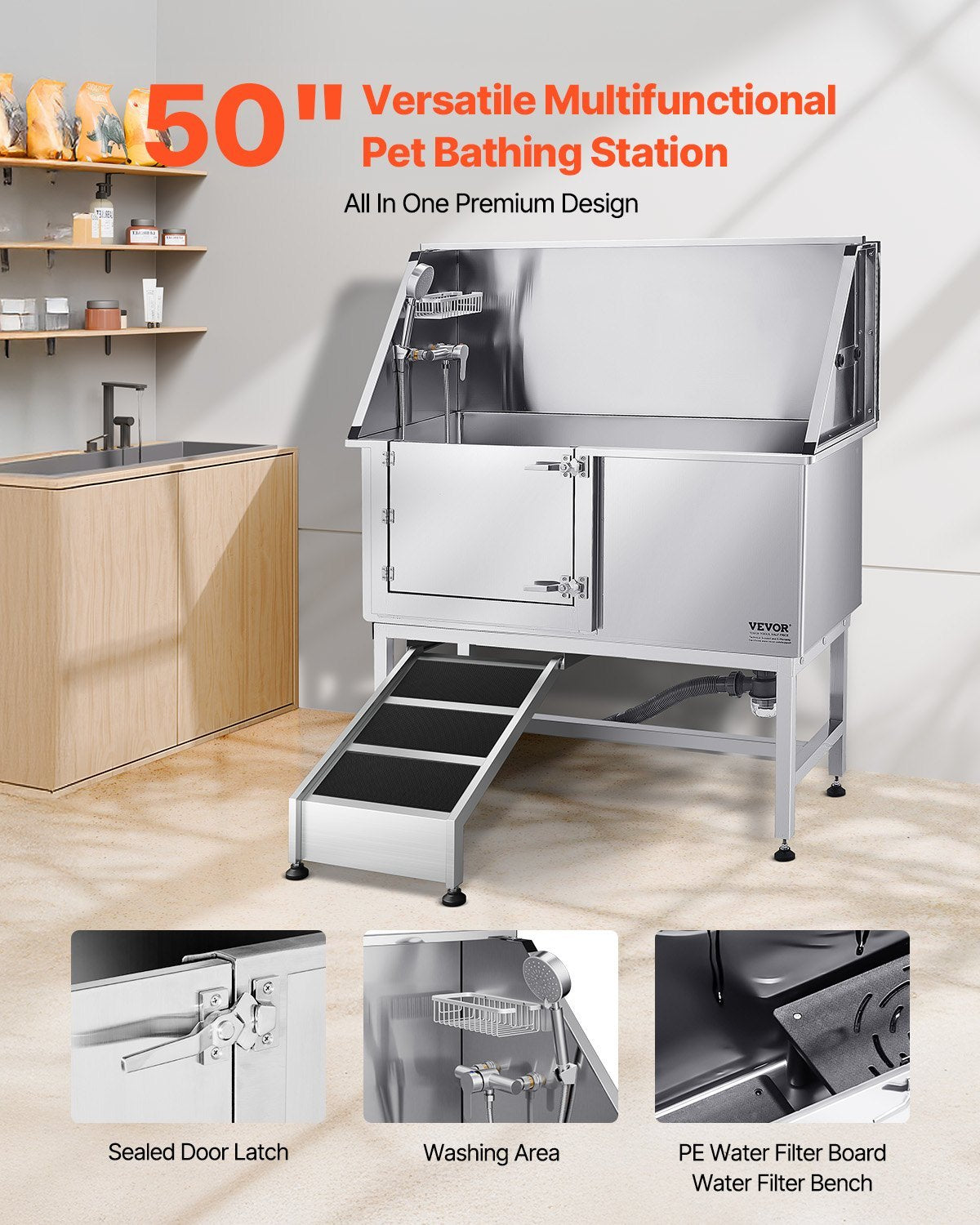 50 Inch Dog Grooming Bath Tub Stainless Steel W Ramp Water Filter Left
