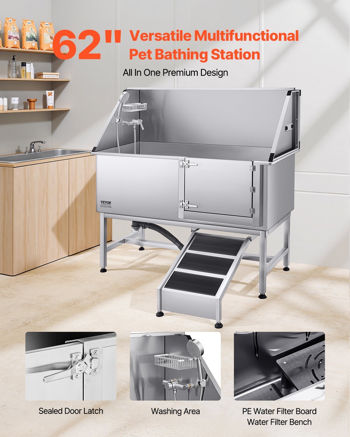62 Inch Dog Grooming Bath Tub Stainless Steel W Ramp Water Filter